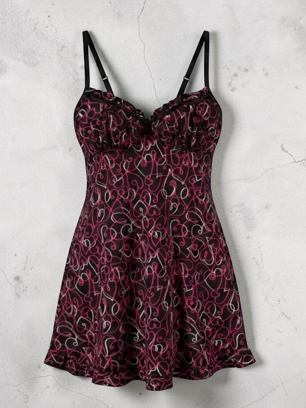 smart & sexy Black and Pink Swirl Satin Chemise with Adjustable Straps